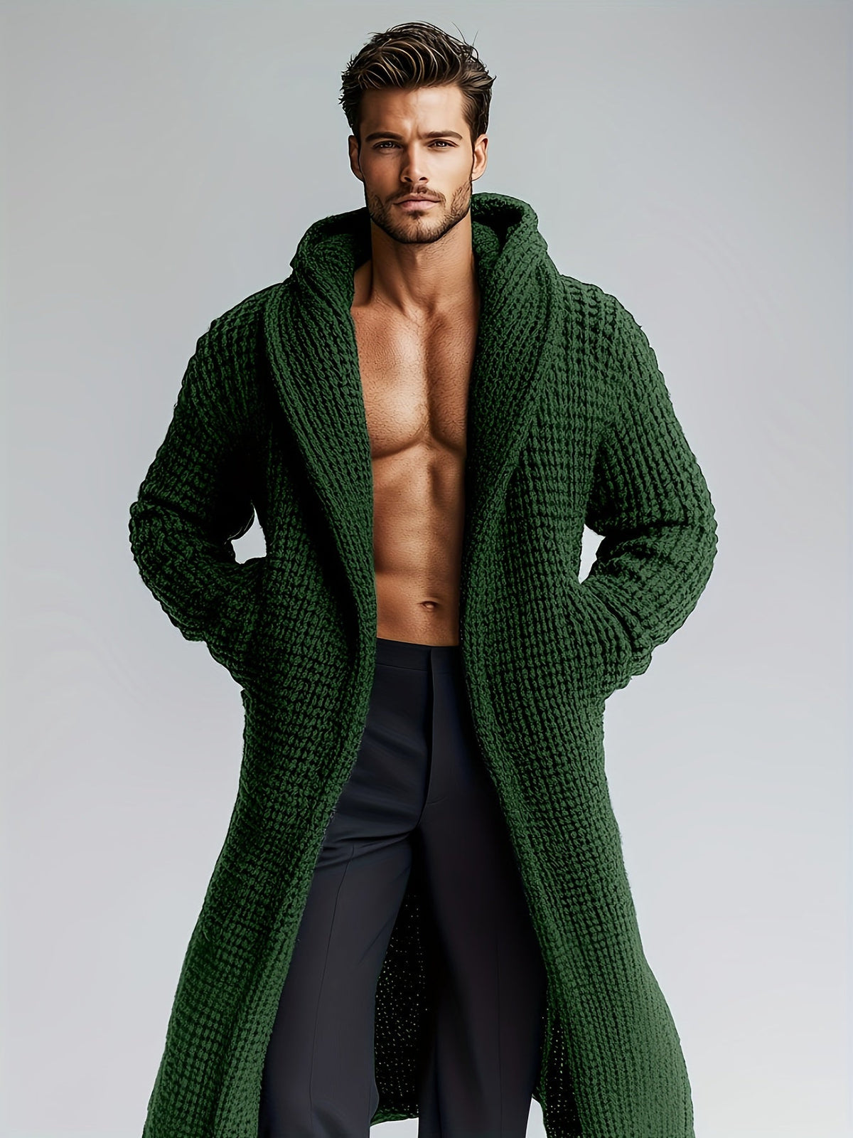 Herren Cardigan Lang Strickpullover Haussweater Dunkelgrau mit Kapuze