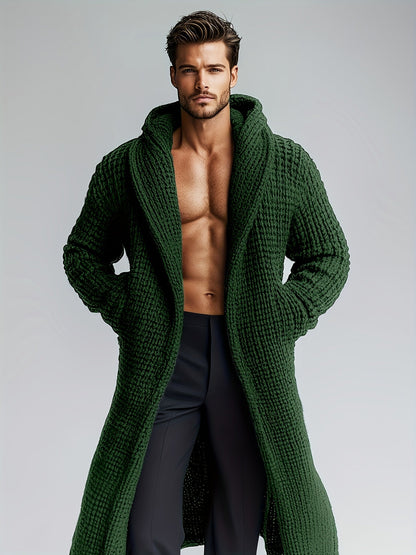 Herren Cardigan Lang Strickpullover Haussweater Dunkelgrau mit Kapuze