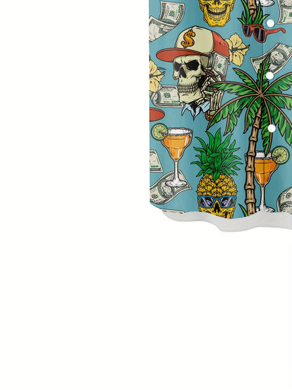 Herren Hawaii Hemd mit Totenkopf, Palmen und Cocktail Print – Extravaganter Freizeitstil für Urlaub & Strand