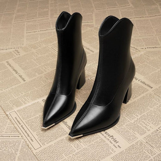 Damen Stiefelette Spitz Zehe Blockabsatz Cowboy-Stil