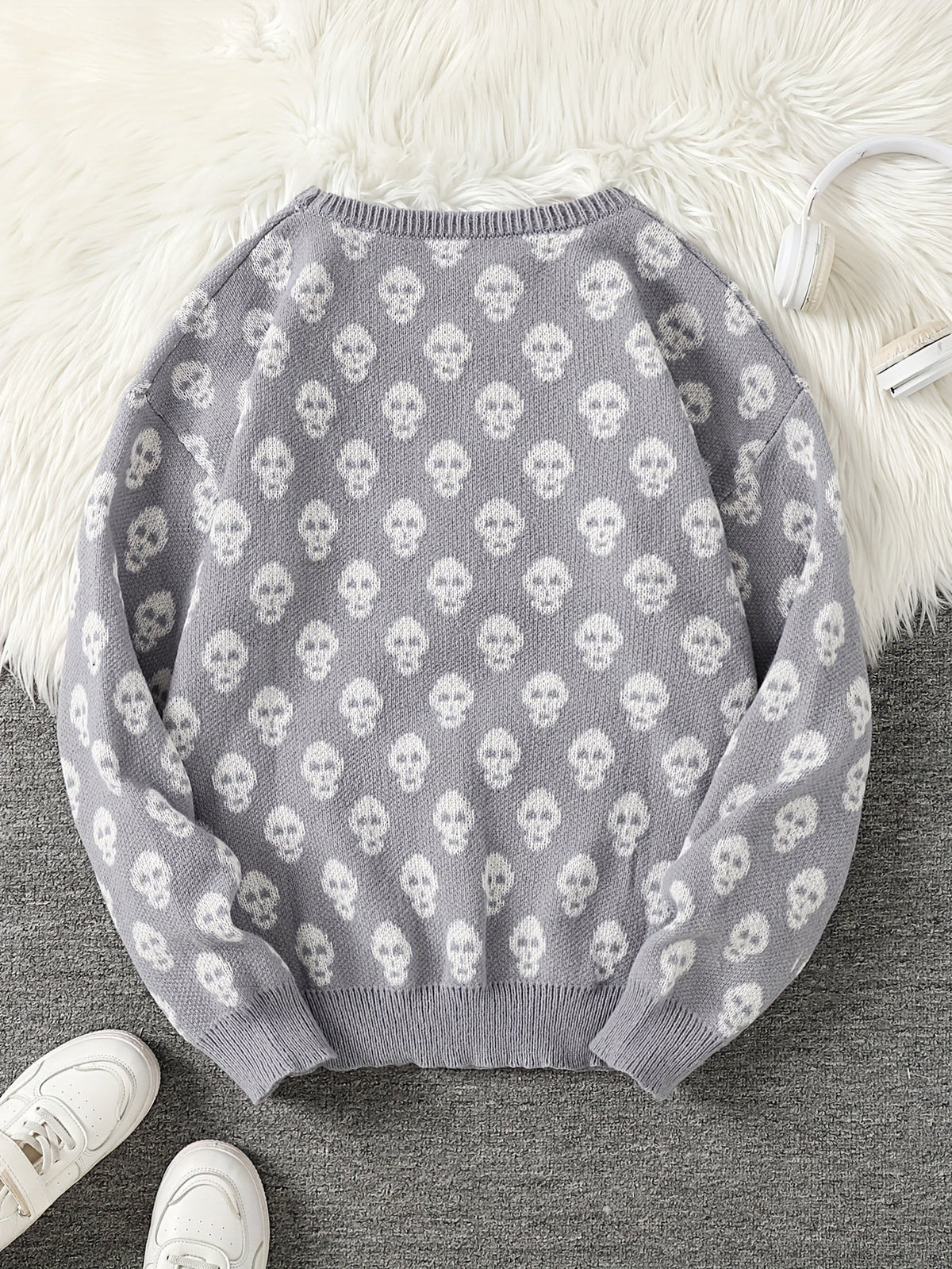 Unisex Pullover mit Totenkopfmuster Strick Rundhals Langarm Strickpullover