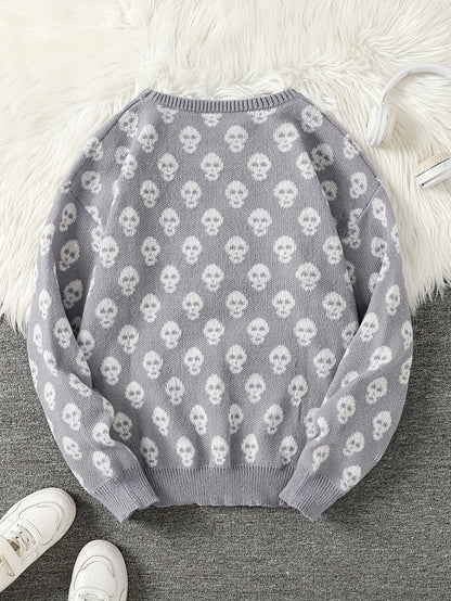 Unisex Pullover mit Totenkopfmuster Strick Rundhals Langarm Strickpullover