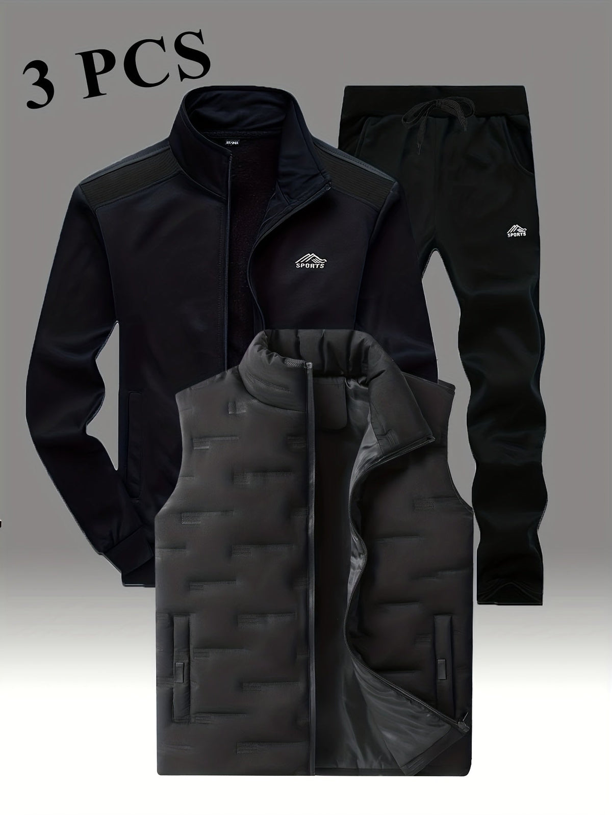 Herren 3-teiliger Sportanzug mit Stehkragen Jacke, Jogginghose & Steppweste