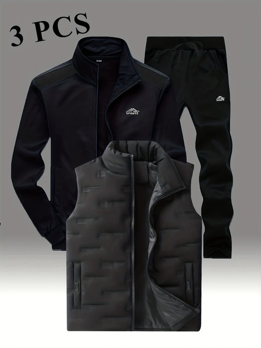 Herren 3-teiliger Sportanzug mit Stehkragen Jacke, Jogginghose & Steppweste