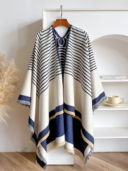 Damen Poncho Cape mit Streifenmuster – Eleganter Überwurf im klassischen Stil für vielseitige Outfits