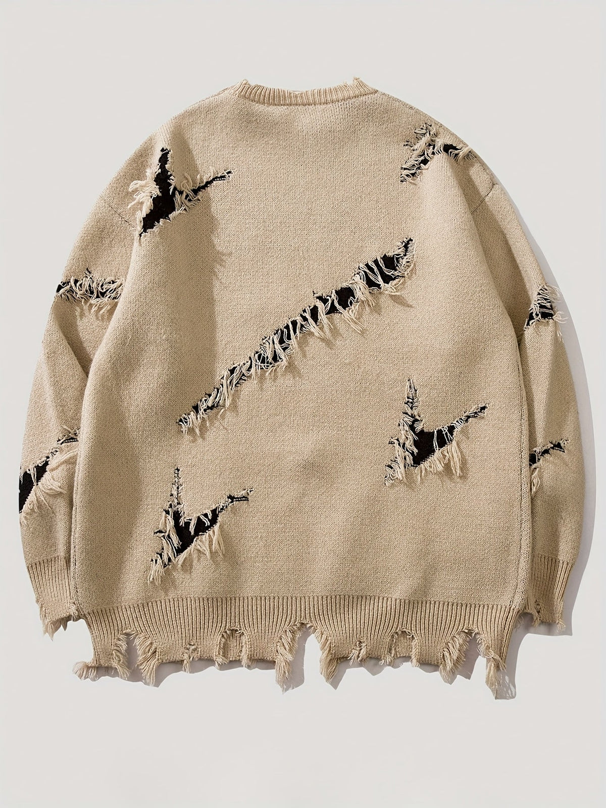 Herren Pullover Rundhals mit Ripped-Details und Grafik-Print, Langarm Strickpullover