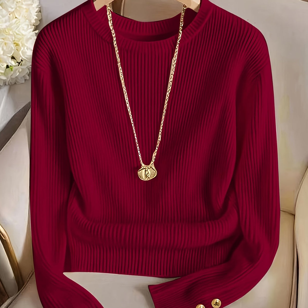 Damen Gerippter Pullover Langarm Rundhals mit Zierknöpfen