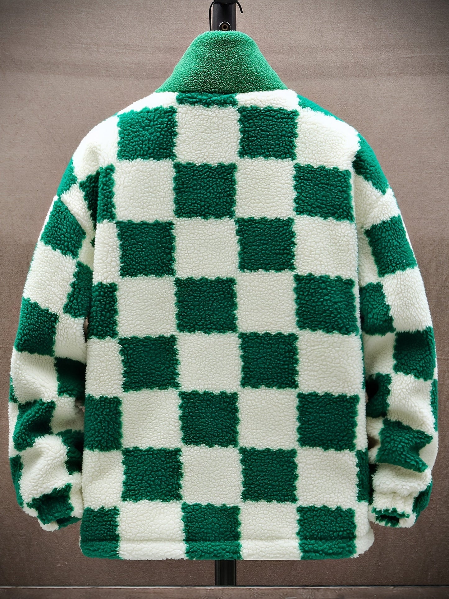 Unisex Teddyfleece Jacke mit Stehkragen und Schachbrettmuster