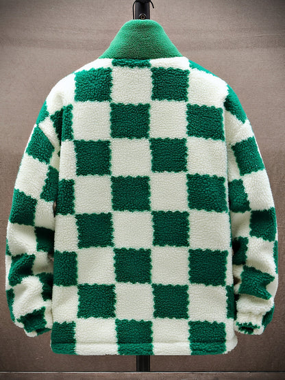 Unisex Teddyfleece Jacke mit Stehkragen und Schachbrettmuster