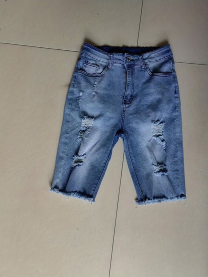 Damen Bermuda Jeans Shorts im Used-Look mit Fransen und Rissen – Lässige Sommermode