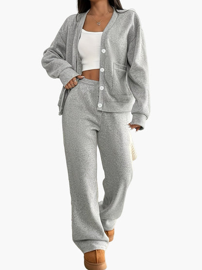 Damen Kuschelige Freizeit Hausanzug Set – Loungewear mit Cardigan und Jogginghose
