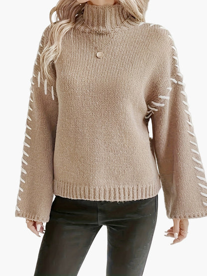 Damen Strickpullover mit weitem Ärmel und Ziernaht – Eleganter Herbst/Winter Pullover mit hohem Kragen