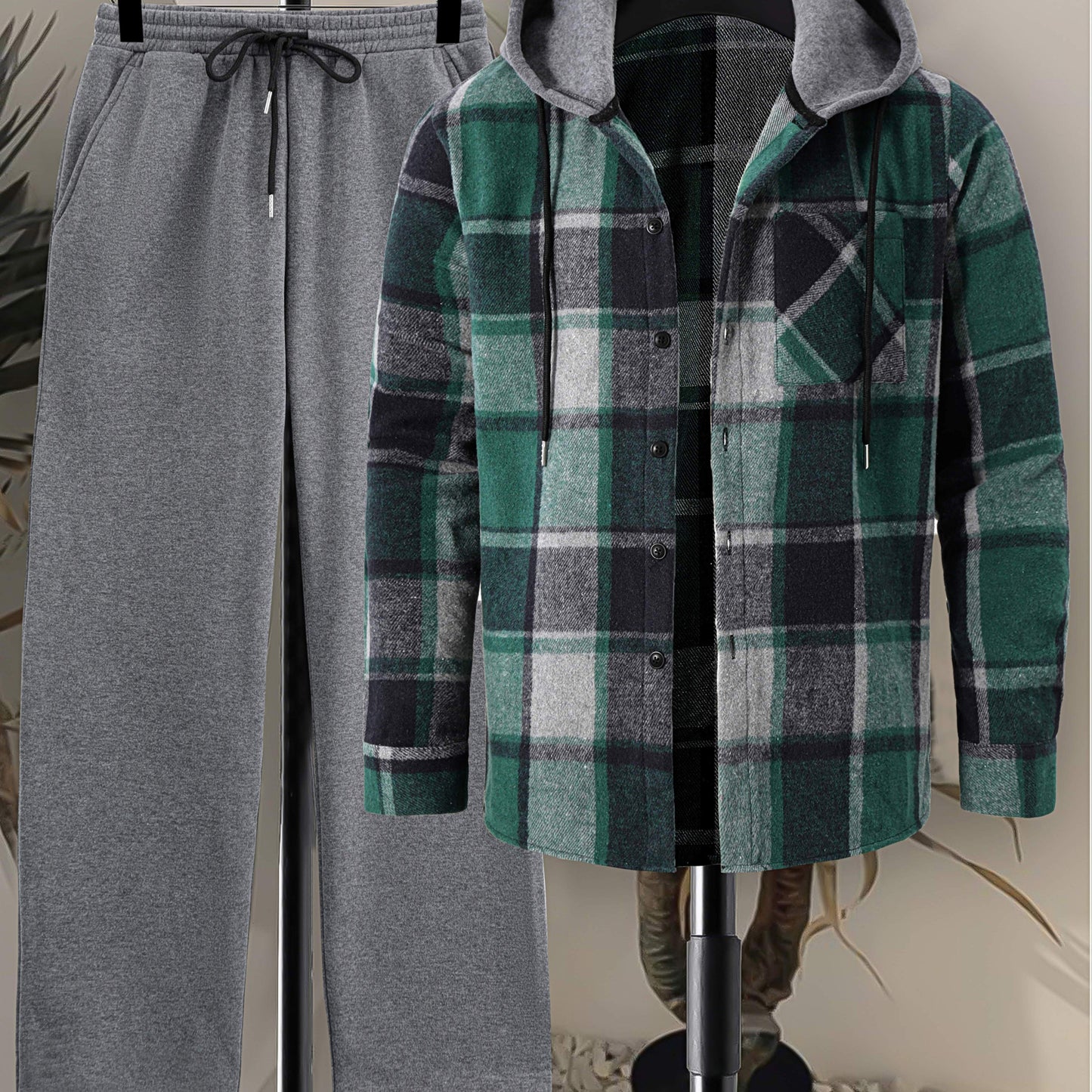 Herren Kariertes Hemd mit Kapuze und Unifarbene Jogginghose Set