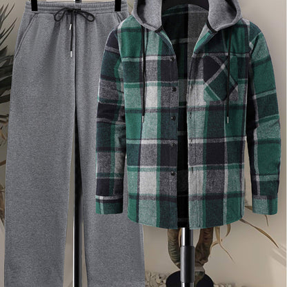 Herren Kariertes Hemd mit Kapuze und Unifarbene Jogginghose Set