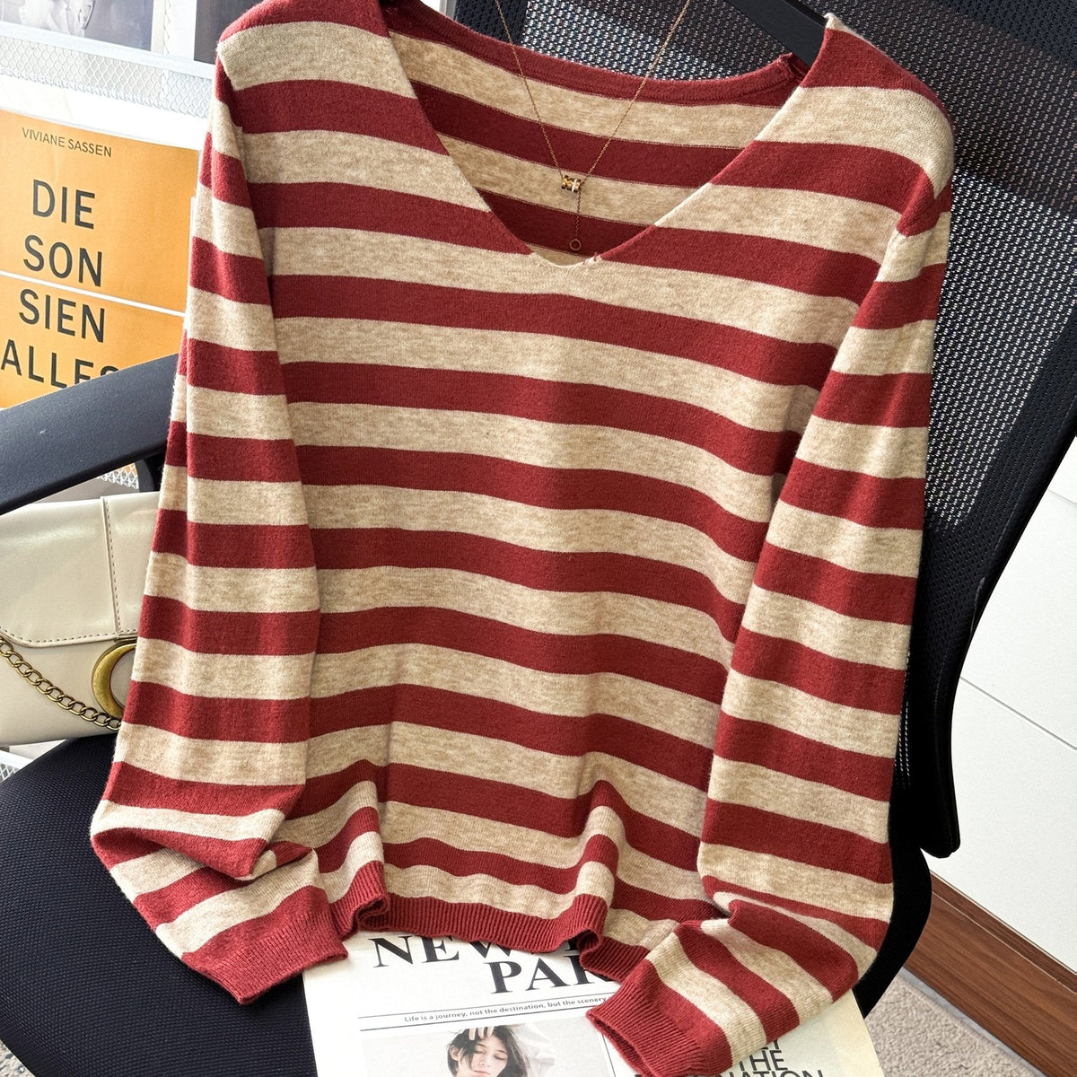Damen Pullover V-Ausschnitt Gestreift Beige Marineblau Langarm