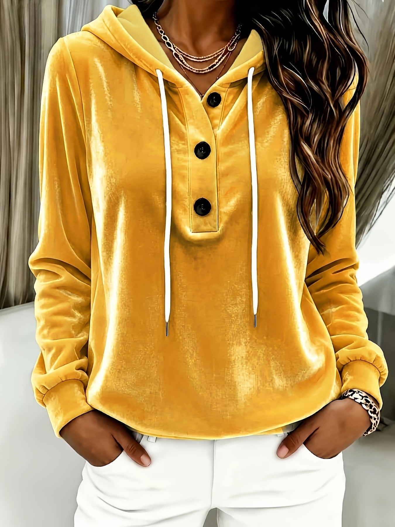 Damen Hoodie mit Kapuze und Knopfleiste, Langarm, weiches Material