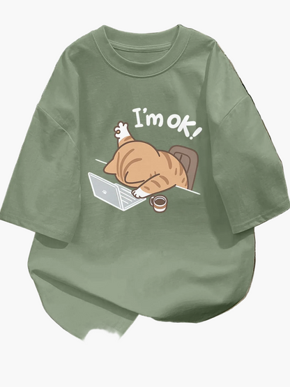 Damen T-Shirt mit lustigem Katzenmotiv und Spruch – Lockeres Streetwear für Alltag und Freizeit