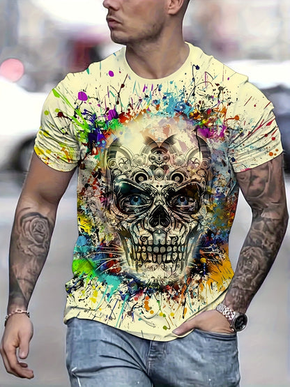 Herren T-Shirt mit Totenkopf und Farbklecks Design – Urban Streetwear, Kurzarm, Plus Size