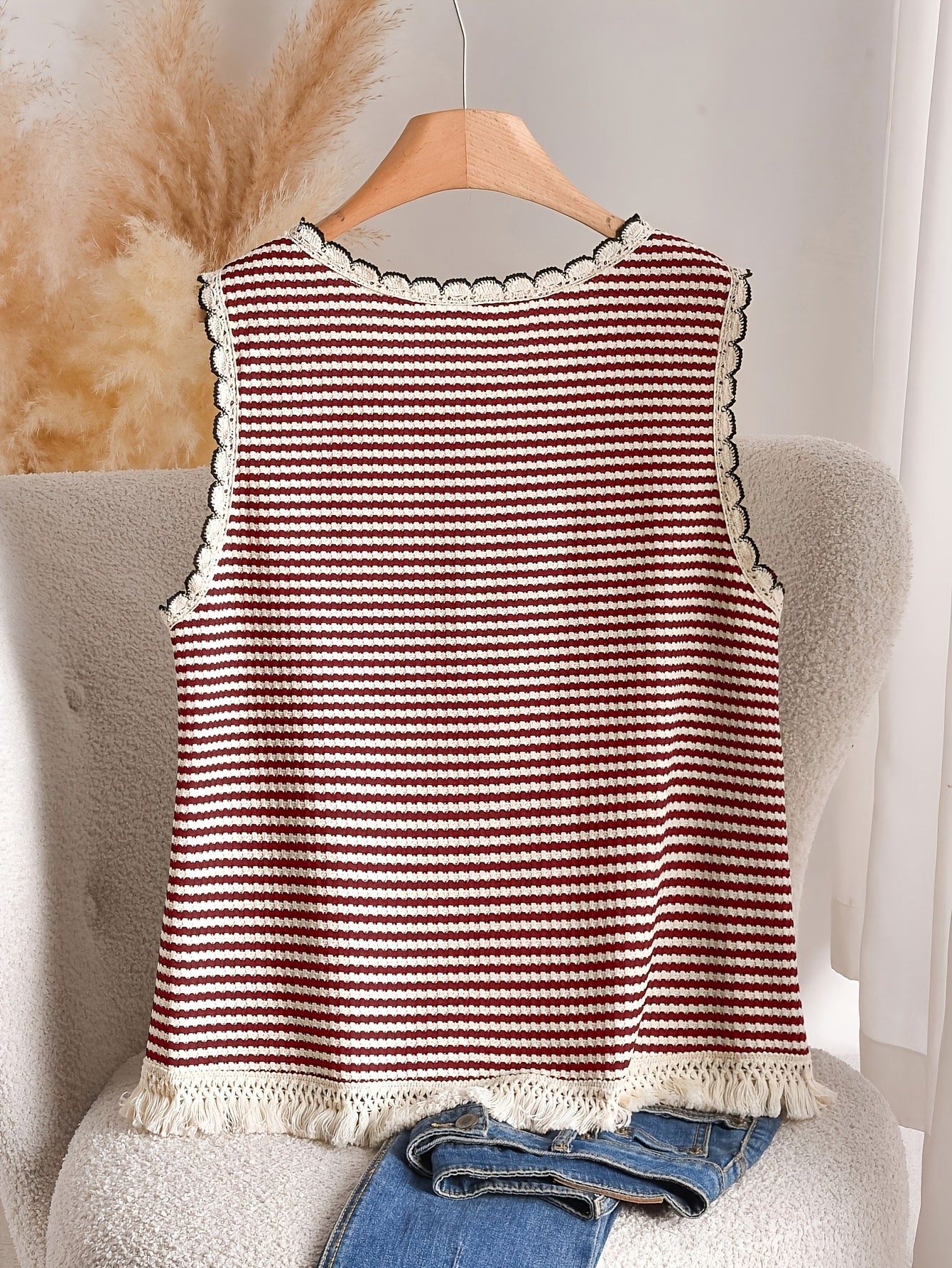 Damen Elegantes Strick-Tanktop mit Fransen und Streifen – Ideal für Frühling & Sommer