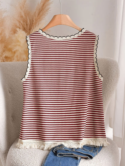 Damen Elegantes Strick-Tanktop mit Fransen und Streifen – Ideal für Frühling & Sommer