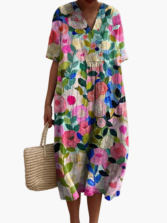 Damen Sommerkleid Vintage Floral Freizeitkleid – Lockeres Midikleid für Alltag und Urlaub