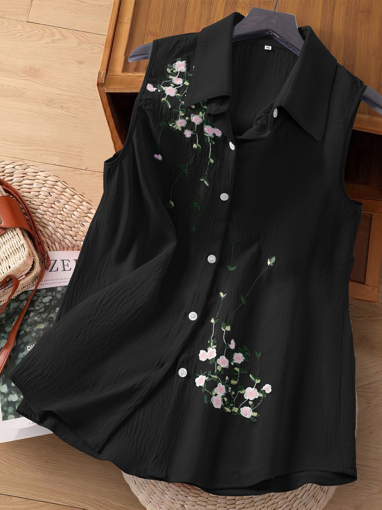 Damen ärmellose Bluse mit Stickerei – Eleganter Freizeitstil für Büro & Alltag