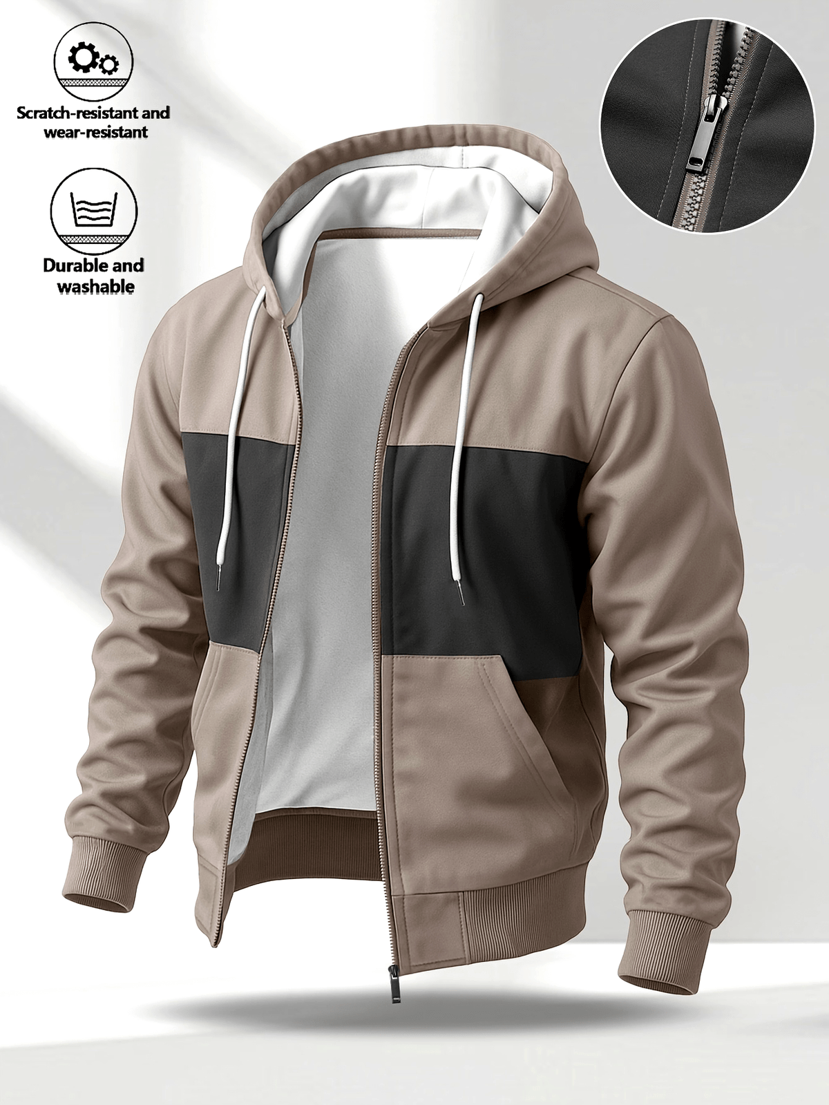 Herren Kapuzenjacke mit Reißverschluss, Farbblock-Design, Taschen, Weiches Material