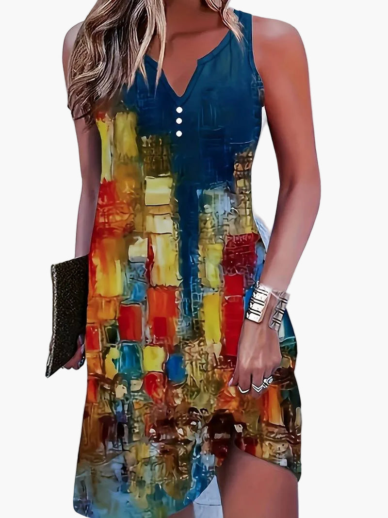 Damen Freizeitkleid ärmellos mit abstraktem Kunstmuster – Elegantes Sommerkleid für Alltag & Events
