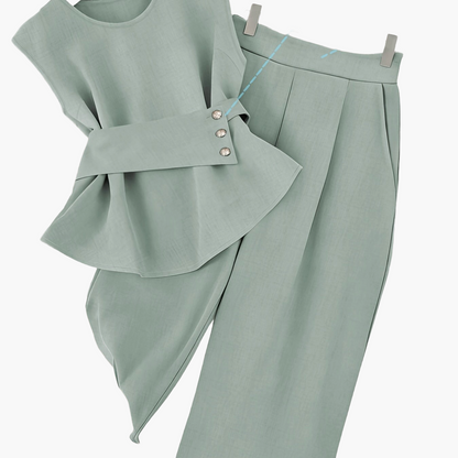 Damen Zweiteiler Set Elegant – Ärmelloses Oberteil mit Gürtel & Gerade Hose, Business & Alltag