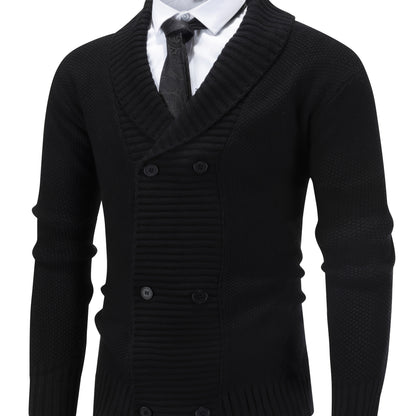 Herren Strickjacke Beige Zweireiher Schalkragen Strick Cardigan
