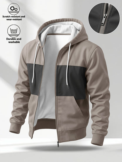 Herren Kapuzenjacke mit Reißverschluss, Farbblock-Design, Taschen, Weiches Material