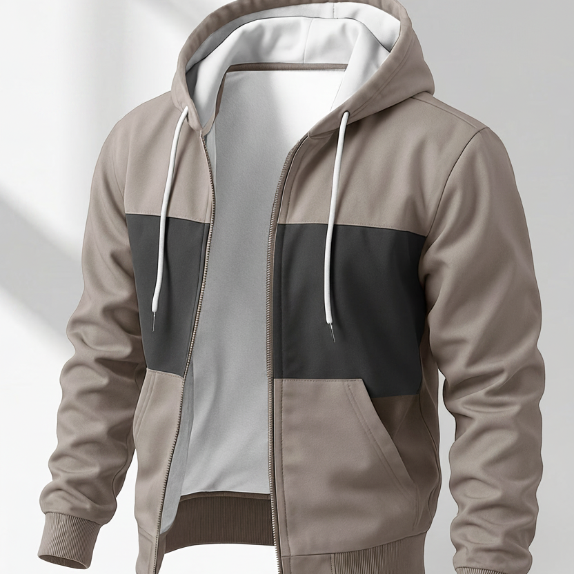 Herren Kapuzenjacke mit Reißverschluss, Farbblock-Design, Taschen, Weiches Material