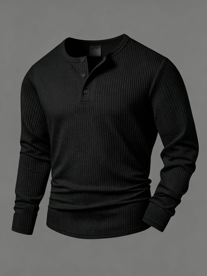 Herren Langarmshirt Gerippt Henley-Ausschnitt Locker Passform