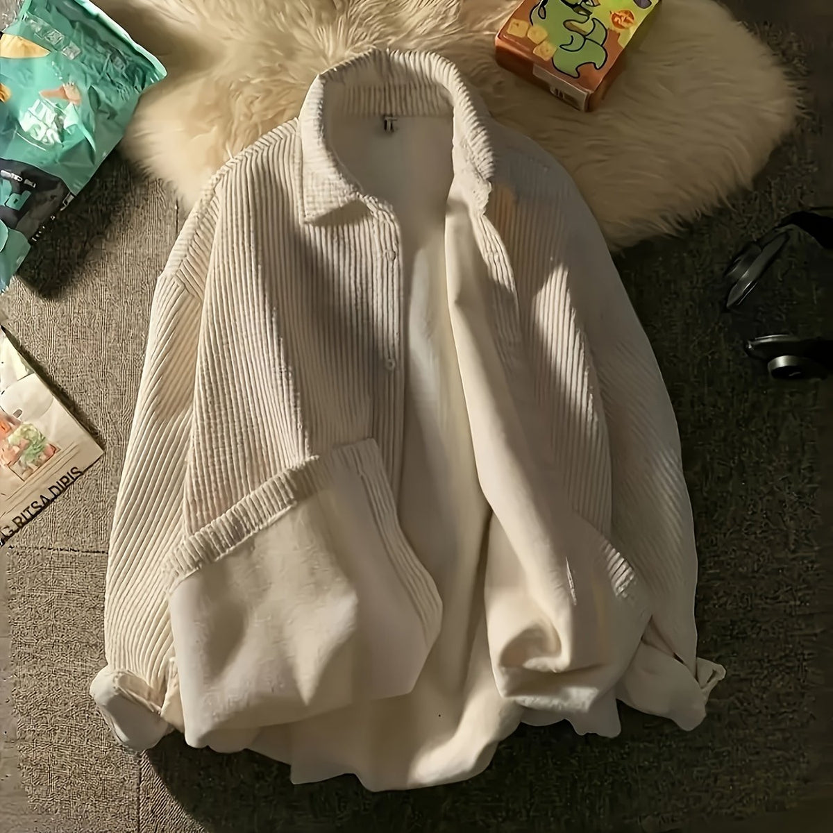 Korduroy Hemdjacke für Damen - Oversize Kordhemd mit Kragen, Schwarz oder Apricot