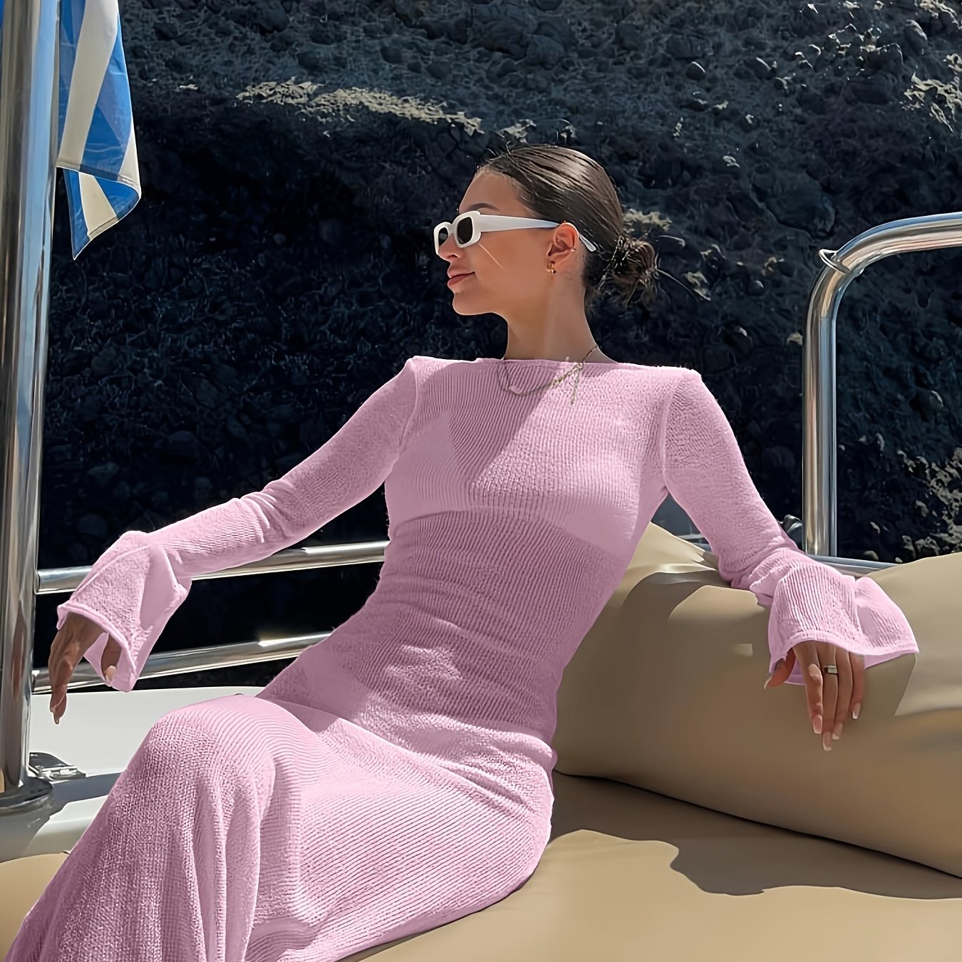 Damen Maxi-Strandkleid mit langen Ärmeln und elegantem Schnitt – Stilvolles Urlaubsoutfit für Boot, Strand & Resort