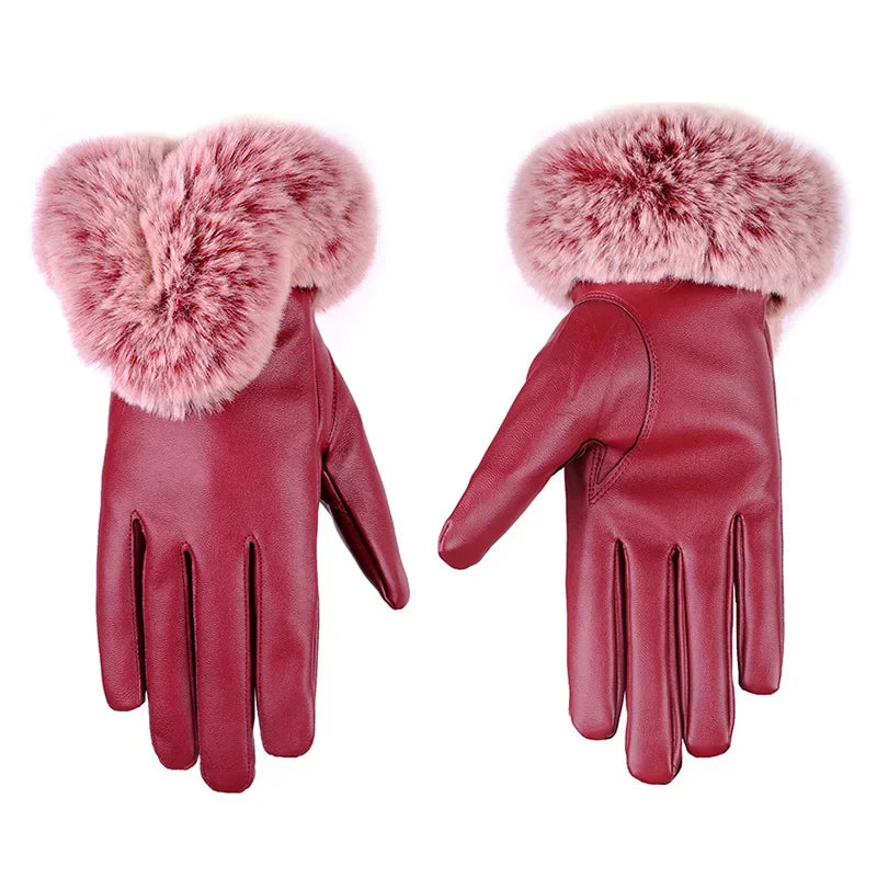 Damen Handschuhe mit Kunstpelzbesatz
