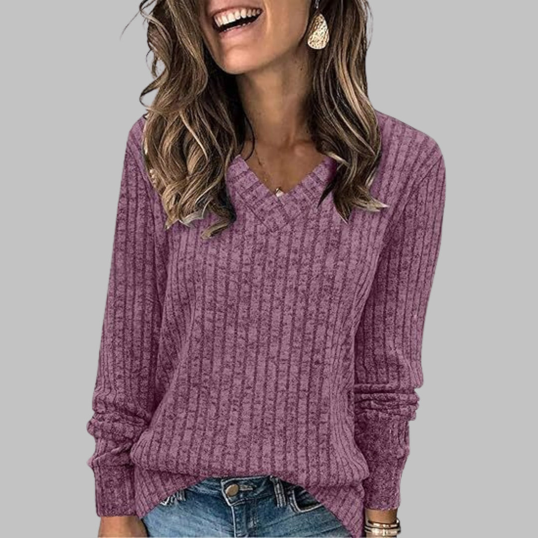 Damen Gerippter Pullover mit V-Ausschnitt, Langarm