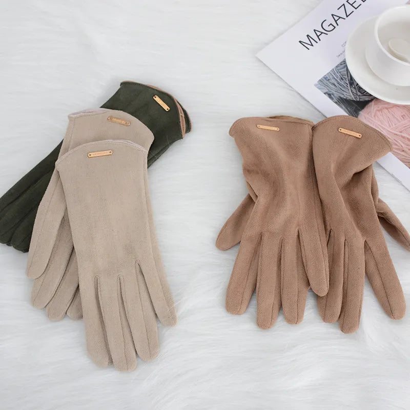 Damen Handschuhe aus weichem Material mit Zierapplikation, Khaki