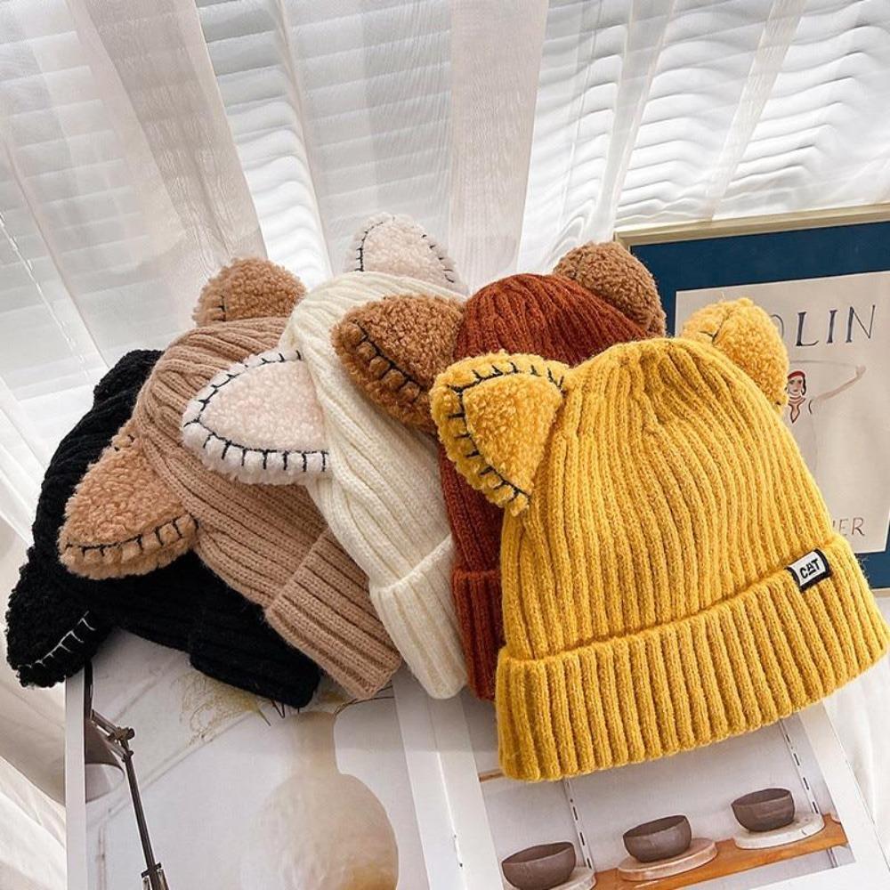 Gerippte Beanie Mütze mit Katzenohren und Umschlag, verschiedene Farben