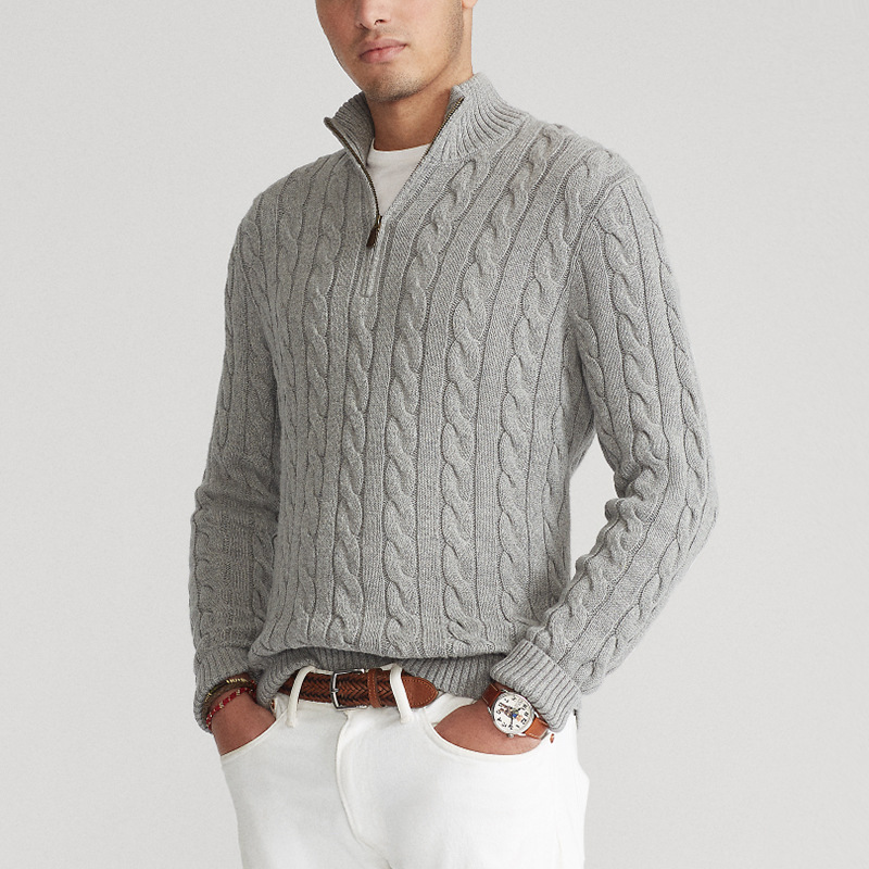 Herren Strickpullover mit Zopfmuster und halbem Reißverschluss – Eleganter Freizeit-Look