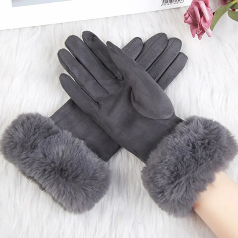 Damen Handschuhe mit Kunstfellbesatz, weich gefüttert, Rosa