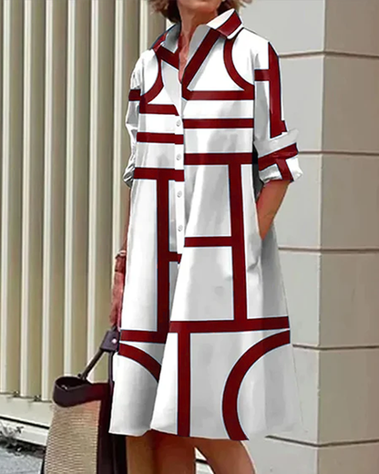 Damen Shirtkleid mit geometrischem Print und Taschen – Eleganter Freizeit- und Büro-Look