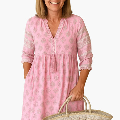 Damen Boho Midi Kleid mit Taschen und Quasten, Sommer Freizeitkleid