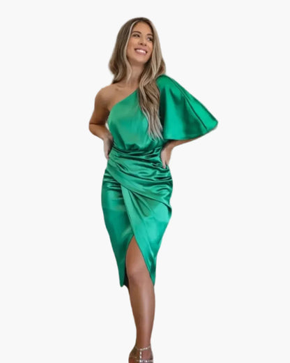 Damen Asymmetrisches Midi-Abendkleid – Elegante Ein-Schulter-Partykleid mit Drapierung