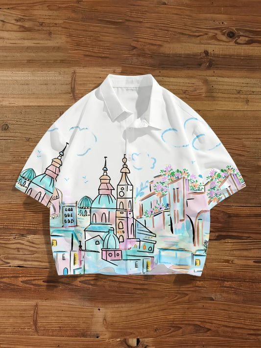 Herren Freizeit Hemd mit künstlerischem Stadtmotiv, Kurzarm, Modernes Design
