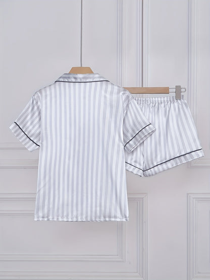 Damen Satin Pyjama Set Kurzarm mit Streifen – Stilvolles Nachtwäsche-Set für erholsamen Schlaf