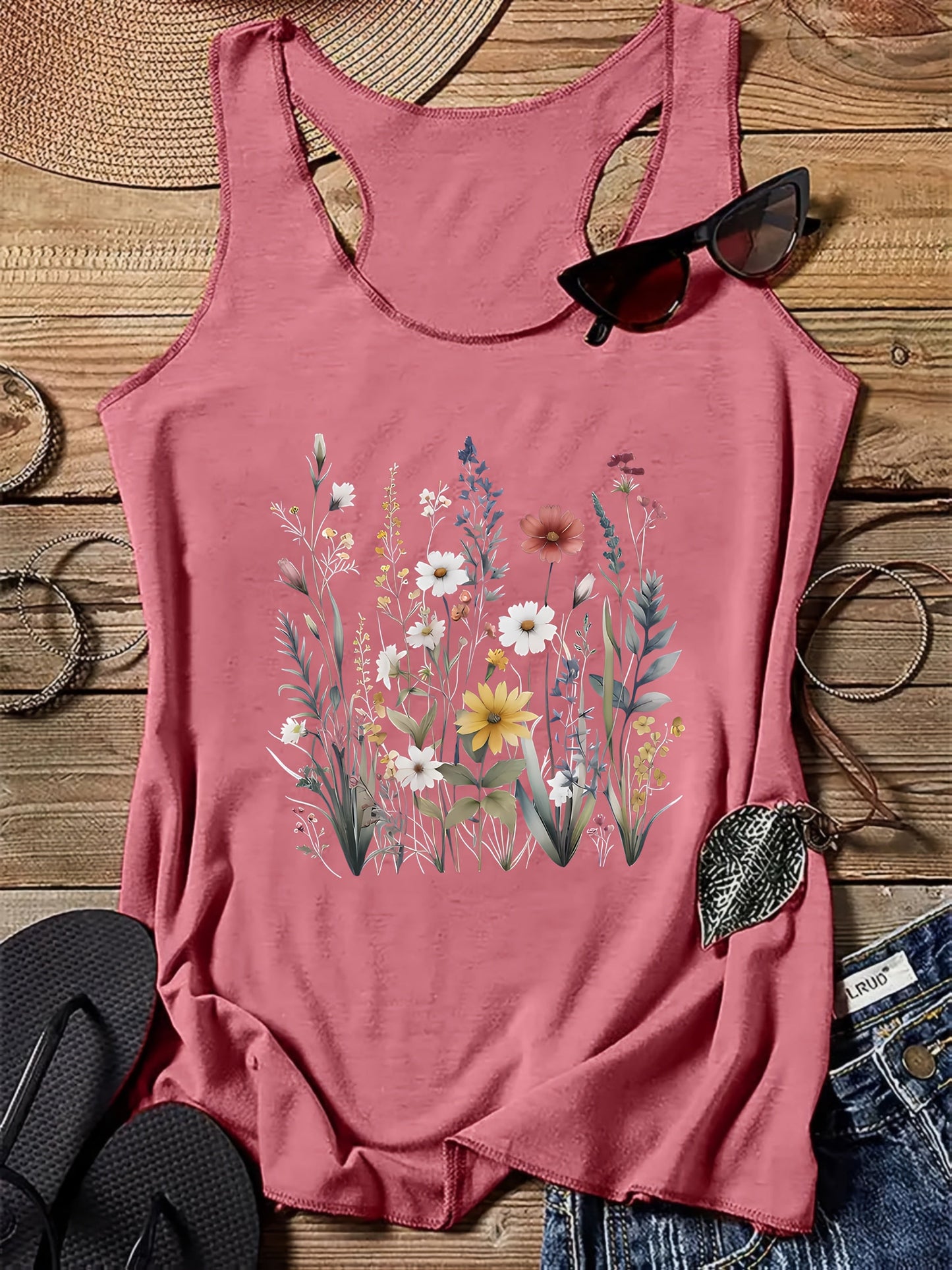 Damen Tanktop mit Wildblumen-Print – Sommer Freizeitshirt, Boho Stil