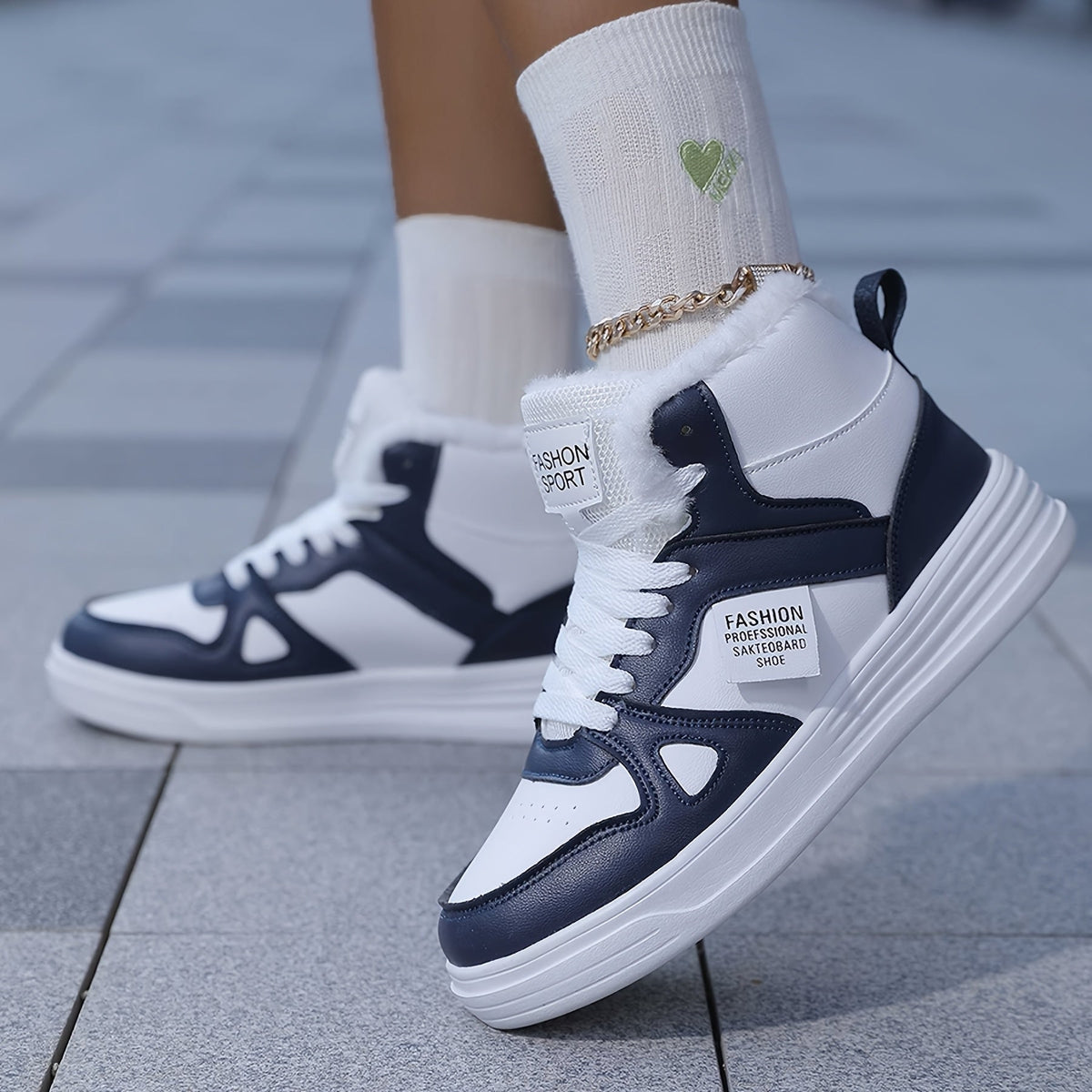 Unisex Sneaker High-Top Winterfutter Weiß-Dunkelblau