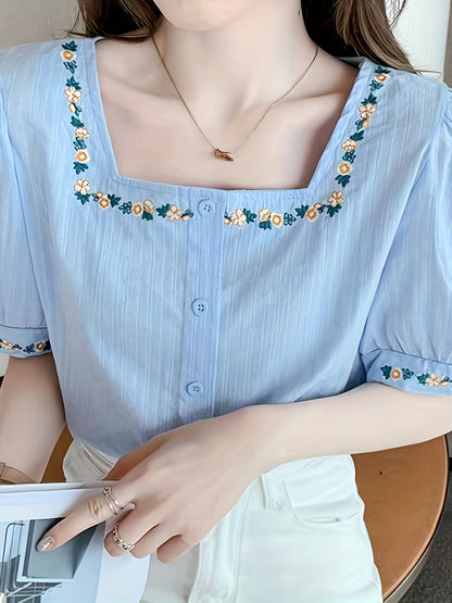 Damen Bluse elegant mit Stickerei und Quadratkragen – Sommer Freizeit Oberteil