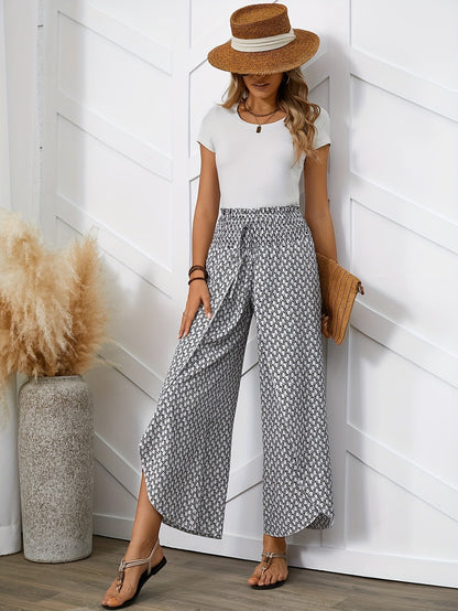 Damen Weite Bein Hose mit geometrischem Muster – Eleganter Sommer-Look für Freizeit und Alltag